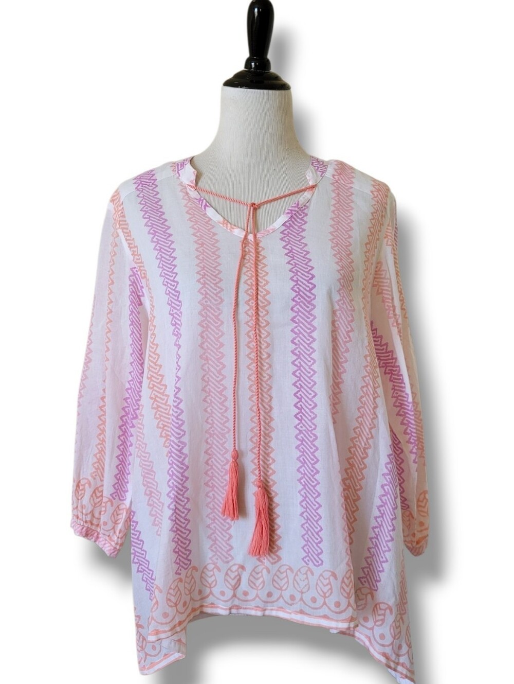 Oliphant Ceylon Voile Cotton Tassel Top L Airy Peasant Stripe Batik Billowy Slv